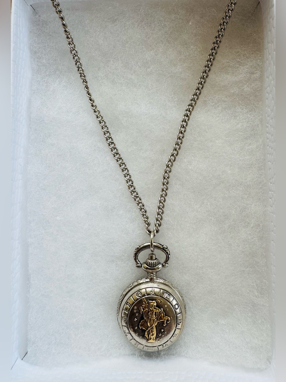 Vintage Silver Pocket Watch Pendant Necklace with Zodiac Signs